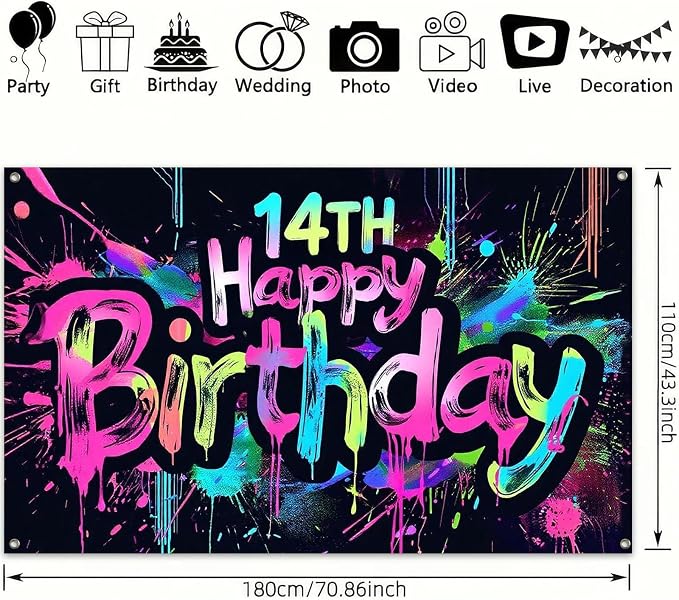 HOMETITUTE Glow in The Dark 14th Birthday Banner 71x43 Inch Colorful Paint - Image 3