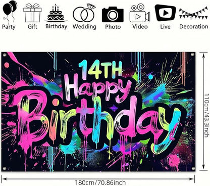 HOMETITUTE Glow in The Dark 14th Birthday Banner 71x43 Inch Colorful Paint - Image 3