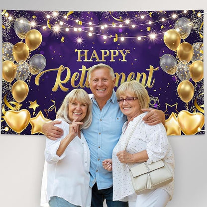 Happy Retirement Backdrop Purple and Gold Happy Retirement Sign Banner Photo - Image 7