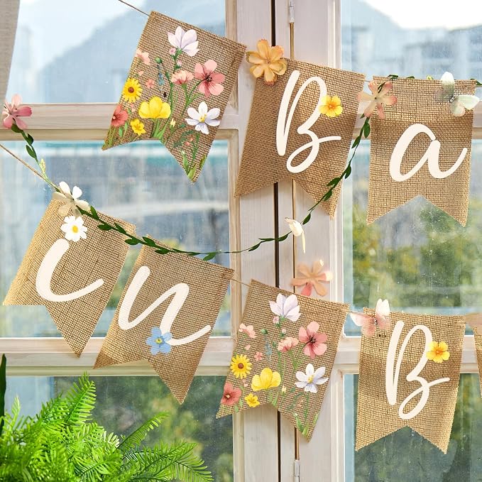Baby in Bloom Baby Shower Burlap Banner, Flower Themed Baby Shower Decorations - Image 4