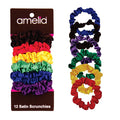 Amelia Beauty, Rainbow Mix Satin Small Scrunchies, 12-Pack – No Damage Hair Ties for Women, Gentle & Durable Hair Accessories, 2.5in x 0.5in