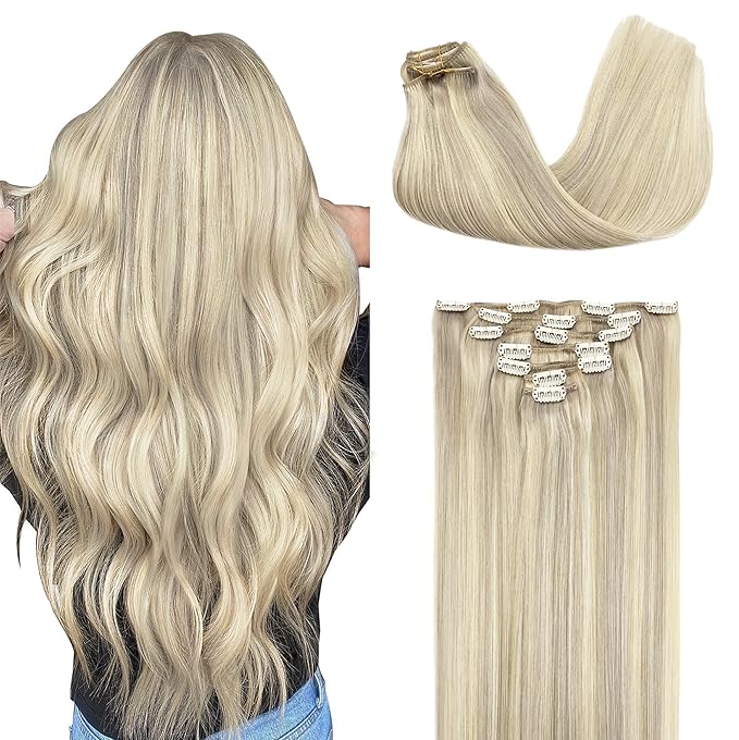 GOO GOO Clip in Hair Extensions Real Human Hair, Remy Human Hair Extensions Clip ins for Women, Natural Human Hair, 18inch 120g 7Pcs, 17A/60A Ash Blonde Highlighted Platinum Blonde