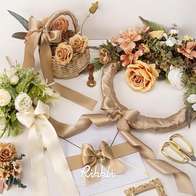 Ribbli Champagne Satin Ribbon 1-1/2 Inch x 4 Rolls Total 40 Yards-Ivory - Image 3