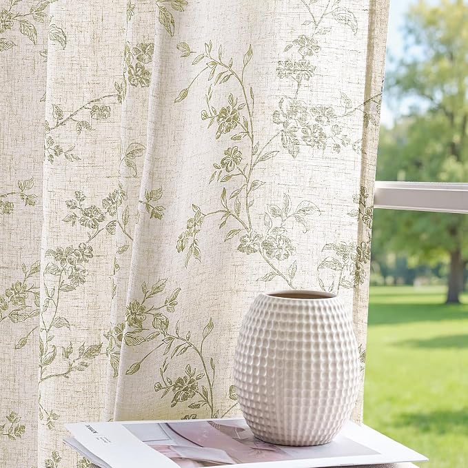 jinchan Green Floral Linen Curtains 96 Inch Flower Drapes Back Tab 2 Panels | - Image 8