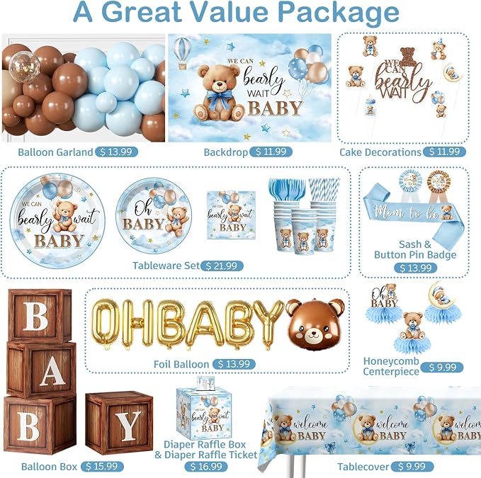 213Pcs cocomigo Blue Baby Boy Shower Decorations Tableware Set, 25 Serves | - Image 3