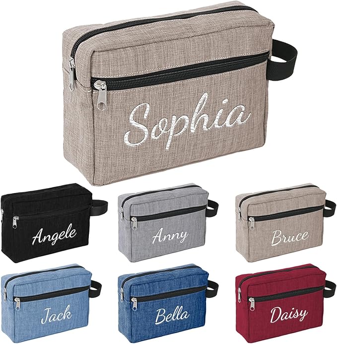 Personalized Toiletry Bag for Men, Embroidered Name Mens Toiletry Travel Bag, Waterproof Canvas Shaving Bag with Large Capacity, Custom Men Hanging Toiletries Bag for Traveling (Khaki)