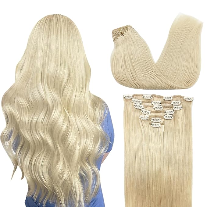 GOO GOO Clip in Hair Extensions Real Human Hair, Remy Human Hair Extensions Clip ins for Women, Natural Human Hair, 16inch 120g 7Pcs, 60A Platinum Blonde