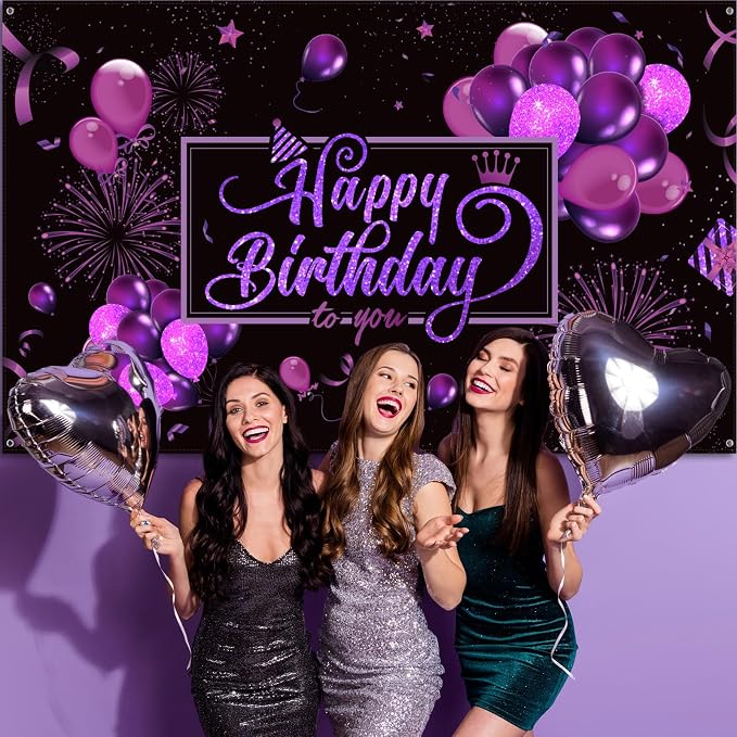 Blulu Happy Birthday Backdrop Banner Sign Poster Large Fabric Glitter Balloon - Image 5