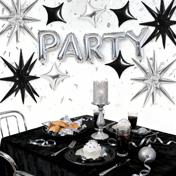 TONIFUL 18Pcs 22Inch Black Silver Large Explosion Star Mylar Balloons and - Image 4