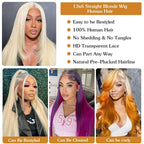 613 13x6 Lace Front Human Hair Wig - 24 Inch Straight, 200 Density, HD Transparent Lace, Blonde for Women