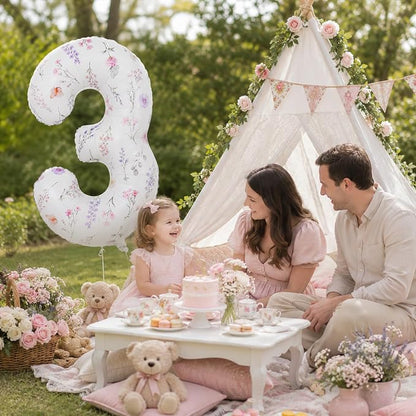3rd Birthday Decorations for Girls, 40 Inch White Floral Number 3 Balloons | - Image 7