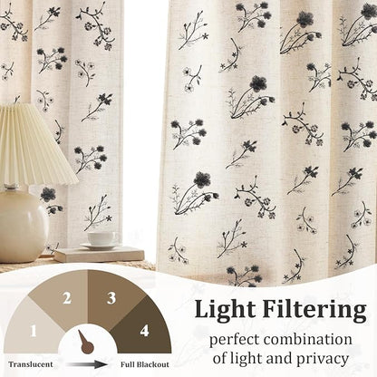 Black Floral Embroidered Light Filtering Curtains 84 Inch 2 Panels | Linen - Image 3