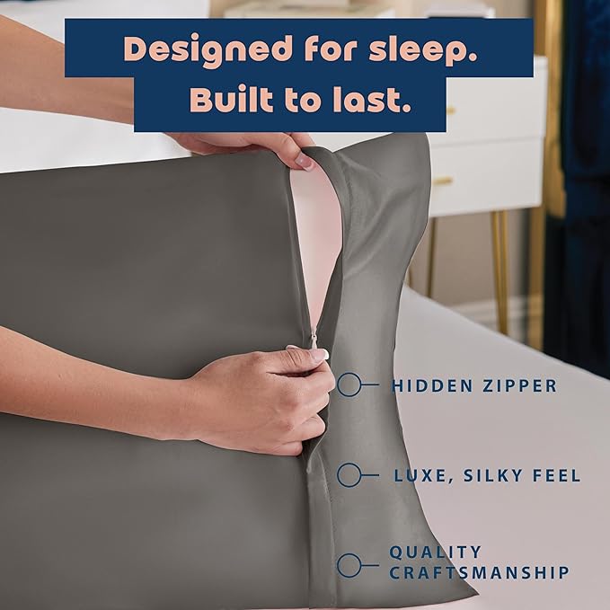 BLISSFORD Satin Pillowcase with Zipper, for Hair and Skin Care, Feels Soft and Cool Like a Silk Pillowcase, Satin Pillow Cases 2 Pack, Slik Pillow Cover, Dark Grey - Queen Size