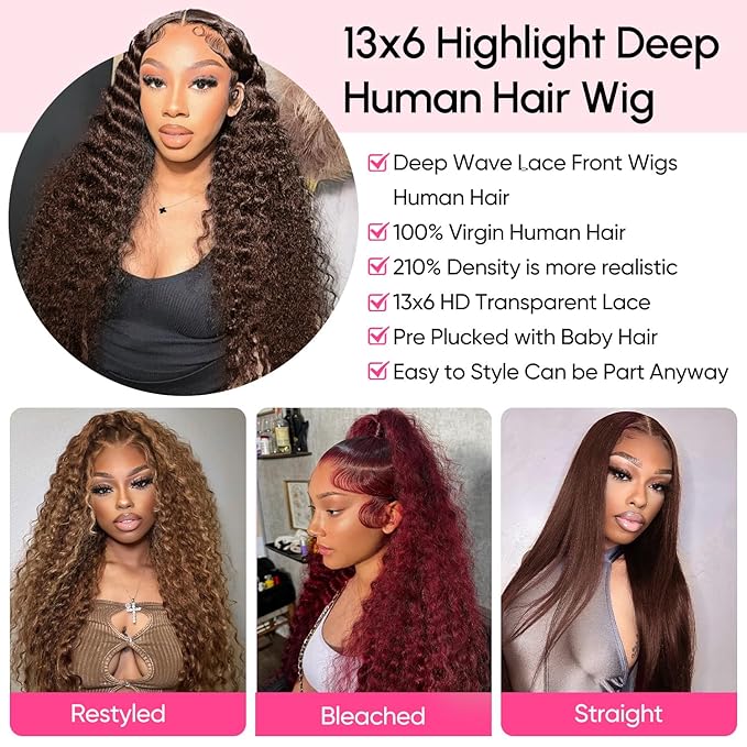 30 Inch Chocolate Brown Deep Wave Lace Front Wigs Human Hair 210 Density 13x6 HD Lace Frontal Wigs Human Hair Pre Plucked Brown Curly Glueless Wigs Human Hair for Women