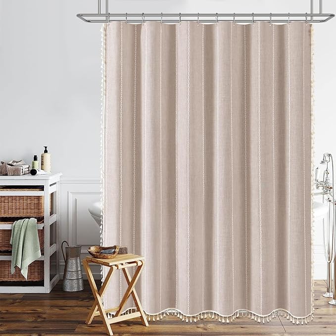 60x72 Boho Farmhouse Linen Heavy Duty Shower Curtain Set, Tan/Taupe | Narrow - Image 7