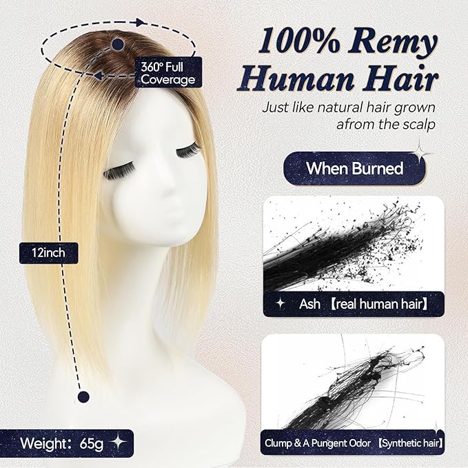 starluck Hair Toppers for Women Real Human Hair,6"*5.5"MONO Large Base,100% Real HumanHair Toppers for Women with Thinning,65g Hand-moven Topper,Gray Roots,High Volume,Ombre Light Blonde