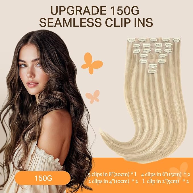 DOORES Clip in Hair Extensions, Seamless Dark Blonde Highlighted Bleach Blonde 22 Inch 150g 7pcs, Straight Virgin Hair Extensions for Women