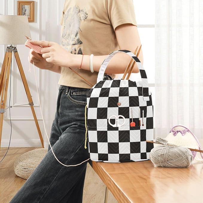 Checkered Black Yarn Bag Small Crochet Bag Drawstring Yarn Storage Organizer - Image 6