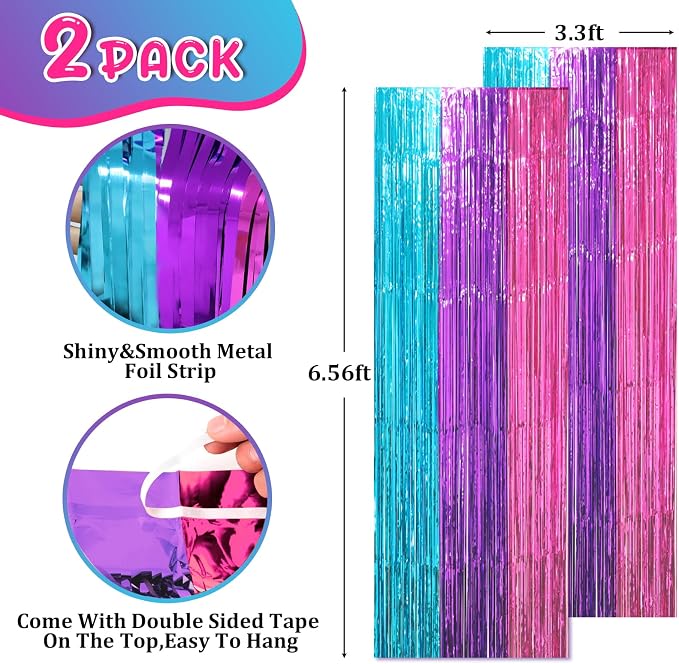 Voircoloria Blue Purple Pink Fringe Backdrop Curtains, 2 Pack | Tinsel Streamers - Image 2