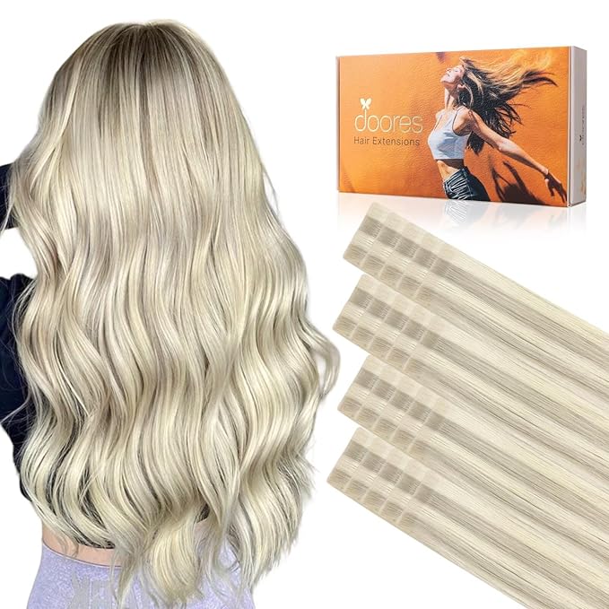 DOORES Invisi Edge Tape in Human Hair Extensions, Ash Blonde Highlighted Platinum Blonde 10 Injection Tape-ins with 10 Injection Tape-ins 50g 14 Inch, Injected Tape in Virgin Human Hair
