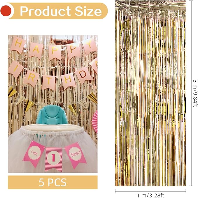 5 Pack Champagne Gold Foil Curtain Backdrop 3.2ft x 9.8ft Metallic Tinsel Foil - Image 3