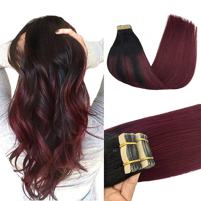 GOO GOO Tape in Hair Extensions Human Hair, 1/99 Balayage Jet Black to Red, 16inch 50g 20pcs, Thick Ends Straight Seamless Tape in, Invisible Tape in Hair Extensions Human Hair