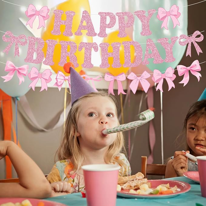 Glitter Pink Bow Happy Birthday Banner Pre-Strung Coquette Birthday Decorations - Image 5