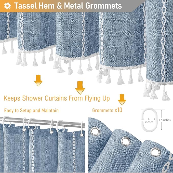 60x72 Boho Farmhouse Linen Heavy Duty Cloth Shower Curtain Set, 330GSM Linen - Image 5