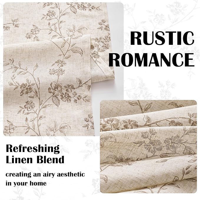 Taupe Vintage Floral Linen Curtains Farmhouse 38W X 63L 2 Panels | Elisa Series - Image 6
