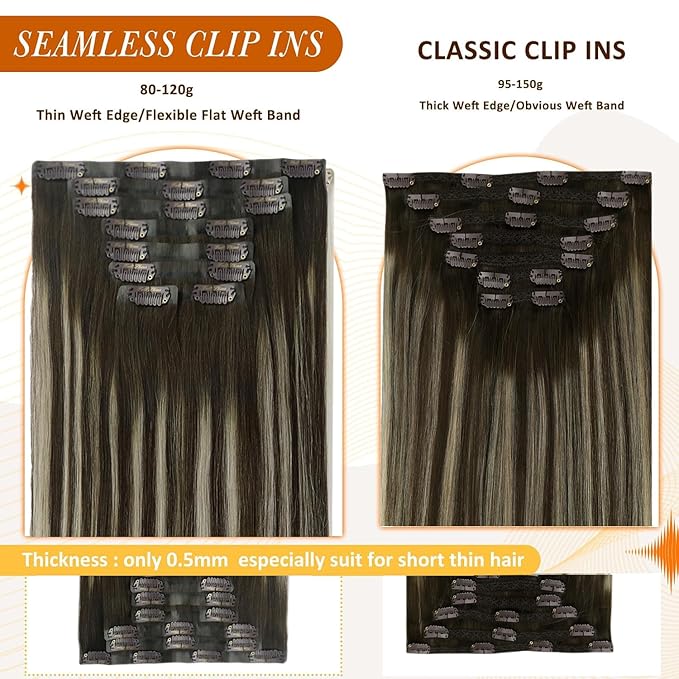 Full Shine Real Hair Extensions Clip in Human Hair Dark Brown to Platinum Blonde Seamless Clip ins Human Hair for Short Hair Washability 12 Inch 8 PCS 95 G