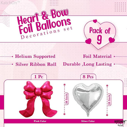 KatchOn Silver Heart with Bow Foil Balloons Decoration Set – Pack of 9 | Pink - Image 2