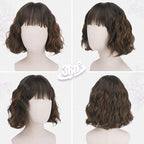 BARSDAR Short Wavy Brown Highlight Wig with Bangs - Short Brown Highlights Wigs for Women - Curly Wavy Textured French Bob Wig with Bangs Soft Synthetic Natural Looking Face-Framing Daily Party