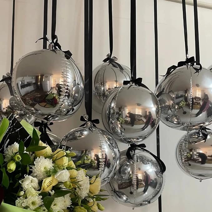 6Pcs Silver Round Foil Balloons, Giant 4D Round Ball Balloons, 22 Inch Metallic - Image 8