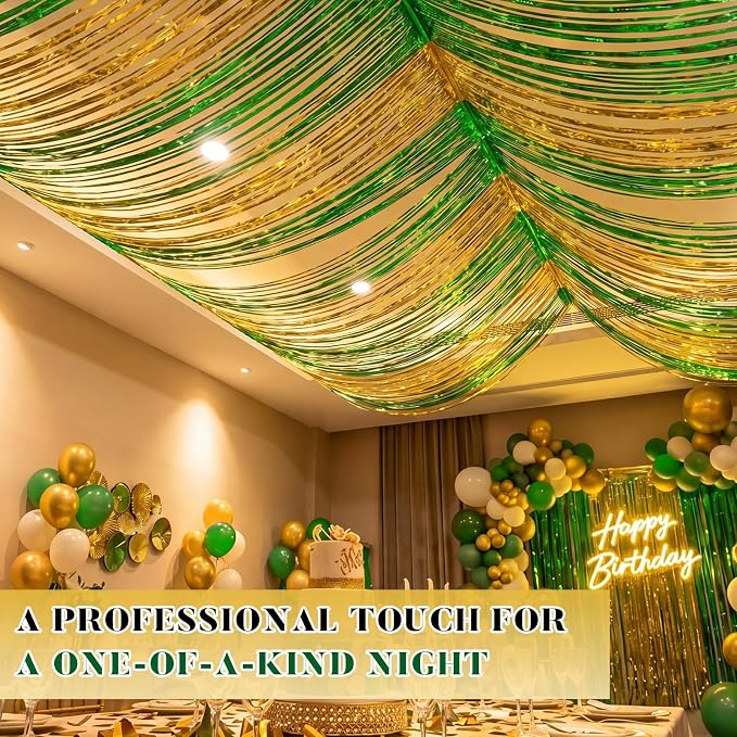 4 Pcs 15ft Gold Green Metallic Foil Ceiling Fringe Curtains, Fringe Drapes - Image 6