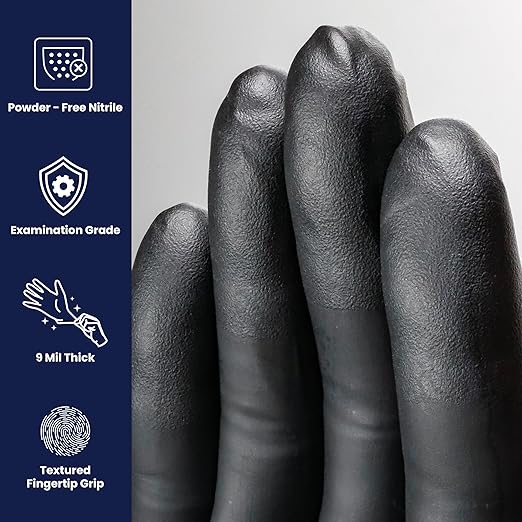 Adenna Dark Light Bulk Disposable Nitrile Gloves – 9 Mil, Heavy Duty Work Rubber Glove with Textured Grip, Non-Latex & Powder Free, Case of 1000, Medium, Black