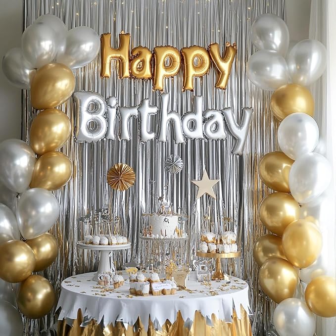 PartyWoo Metallic Silver Tinsel Foil Streamers 8.2FT 3pcs Fringe Backdrop | - Image 3