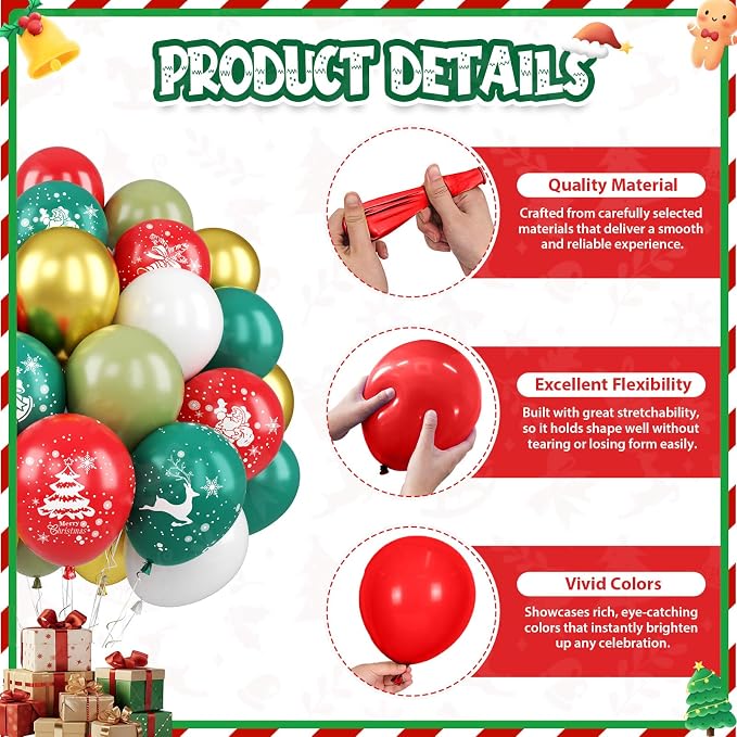 Christmas Balloons, Retro Green Gold Red and White Xmas Party Balloon - Image 8