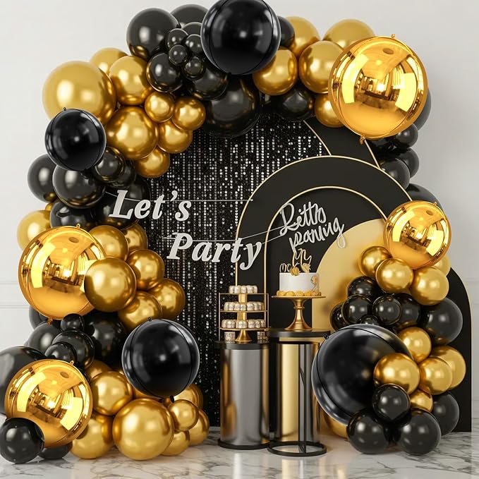 Gold and Black Round Foil Balloons, Metallic Gold Black Foil Baloon - Image 6