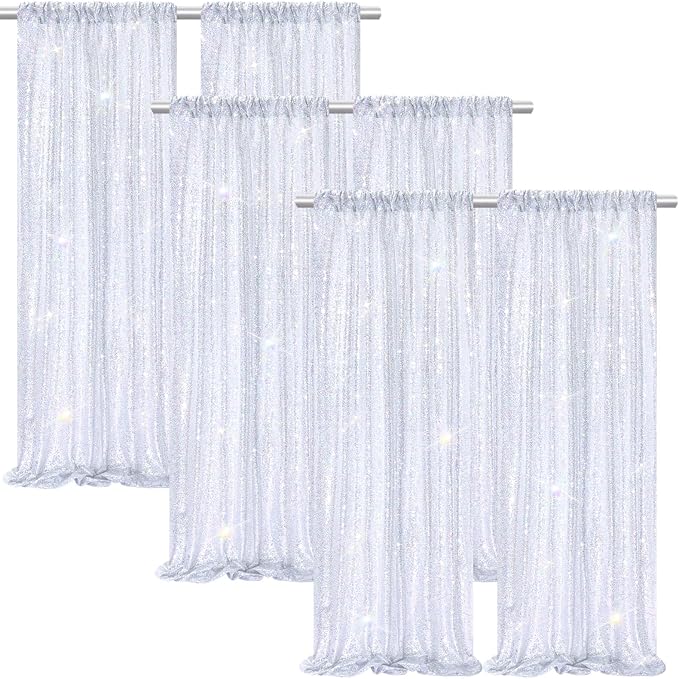 Laser Silver Sequin Curtains Backdrop 6 Pcs 2FTx8FT Shiny Shimmer Fabric | by B-COOL