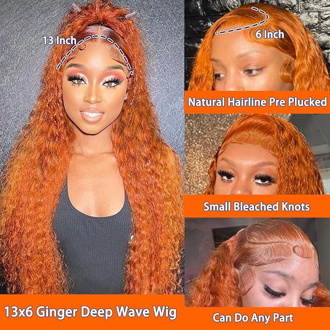 350# Colored Deep Wave Lace Front Wigs Human Hair 13x6 Ginger Curly Wig Wet and Wavy Glueless HD Lace Frontal Wigs Human Hair Pre Plucked 210 Density 28Inch