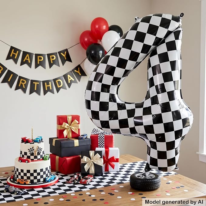 40" Checkered Number 4 Balloon for 4th Race Theme Birthday Party Supplies | 40 - Image 3