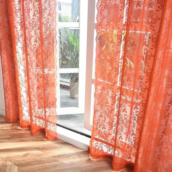 FINECITY Burnt Orange Floral Lace Curtains - Image 4