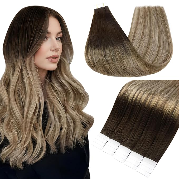 Full Shine Tape in Hair Extensions 18 Inch Balayage Color 2 Darkest Brown Fading to 6 and 18 Ash Blonde Natural Double Sided Tape Ins Human Hair Extensions 50 Grams Straight Invisible Remy Hair 20PCS
