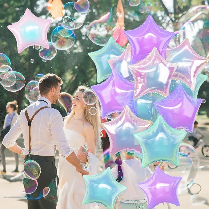Iridescent Star Balloons, Gradient Iridescent Pink Purple Green Pentagram - Image 3