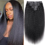 Seamless Kinky Straight Clip In Hair Extensions Invisible PU Weft Kinky Straight Clip Ins Human Hair Extensions 8pcs with 18Clips Per Set 120g(22inch,Natural Black)