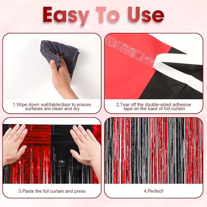 Voircoloria Red and Black Foil Fringe Backdrop Curtains, 3 Pack | Tinsel - Image 4