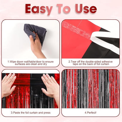 Voircoloria Red and Black Foil Fringe Backdrop Curtains, 3 Pack | Tinsel - Image 4