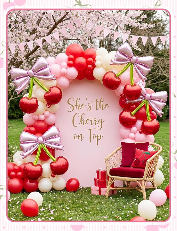 10Pcs Pink Bow Red Cherry Foil Balloons | - Image 5