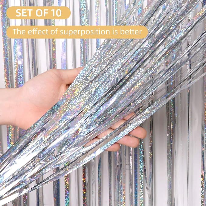 10 Pack Silver Foil Curtain Backdrop 3.2ft x 9.8ft Metallic Tinsel Foil Fringe - Image 2