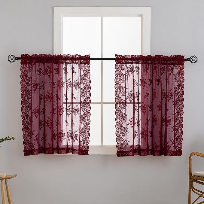Kotile Burgundy Sheer Lace Curtains - Image 9